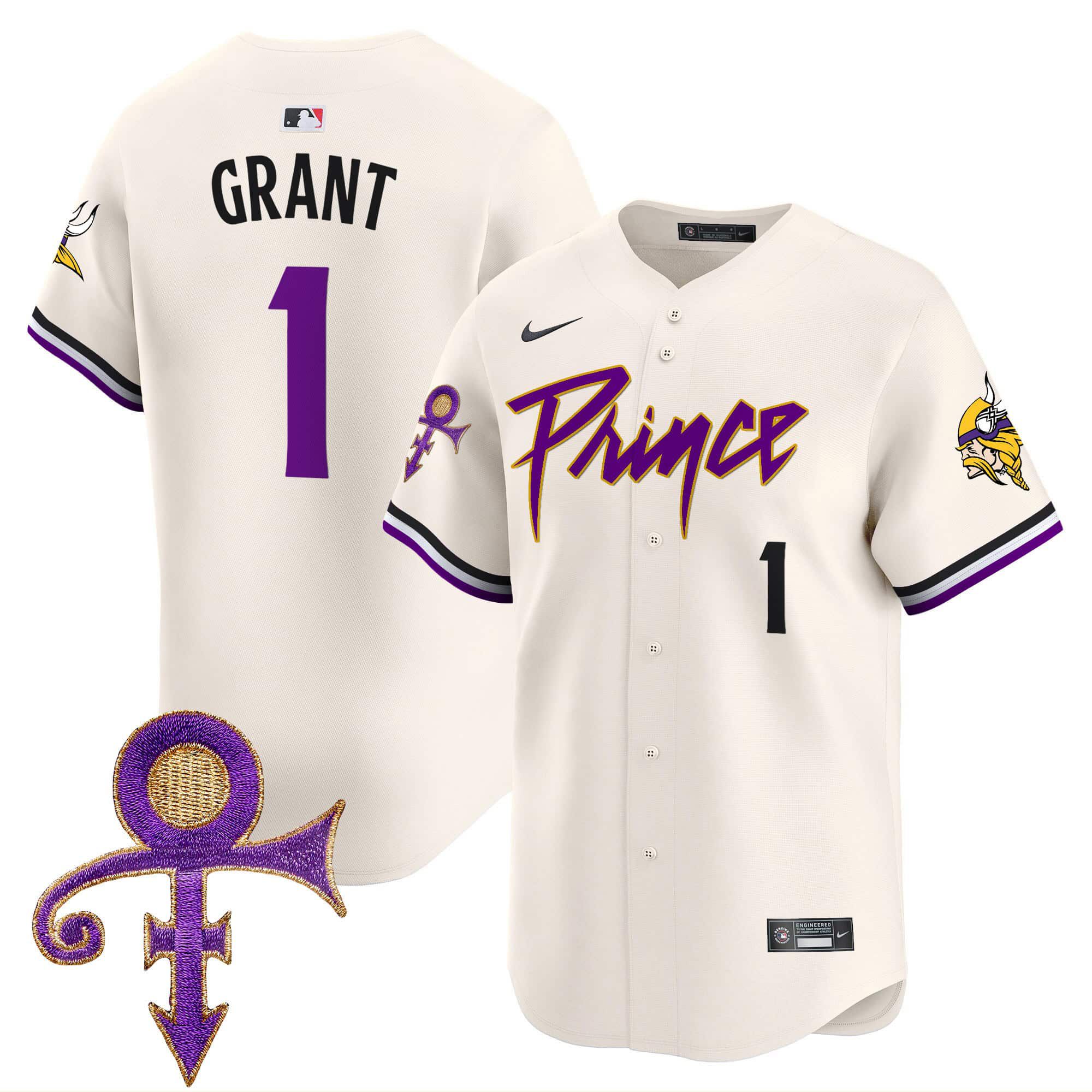 Men Minnesota Vikings 1 Grant Cream 2024 Nike Prince Patch Vapor Premier Limited NFL Jersey